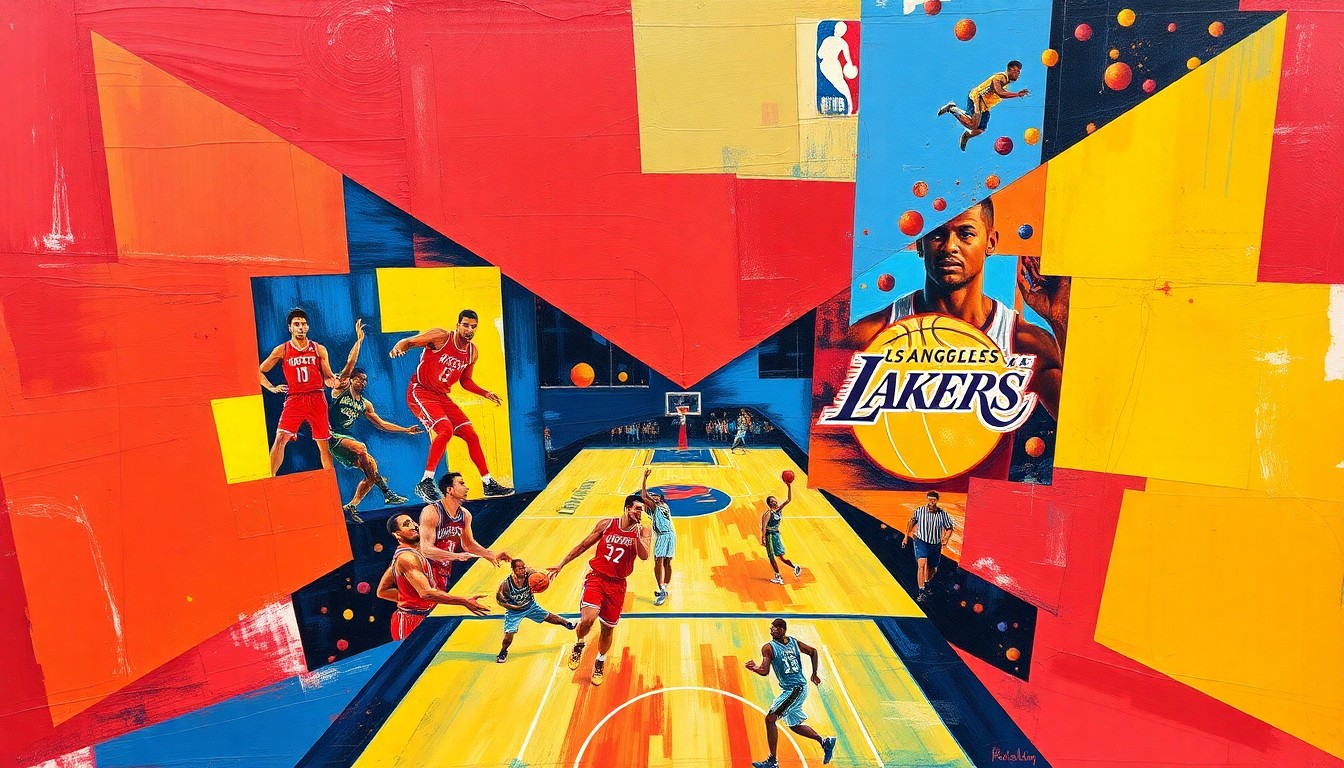 A cubist, geometric painting depicting a basketball game, with overlapping planes of red, blue, and yellow, representing the competitive action on the court.