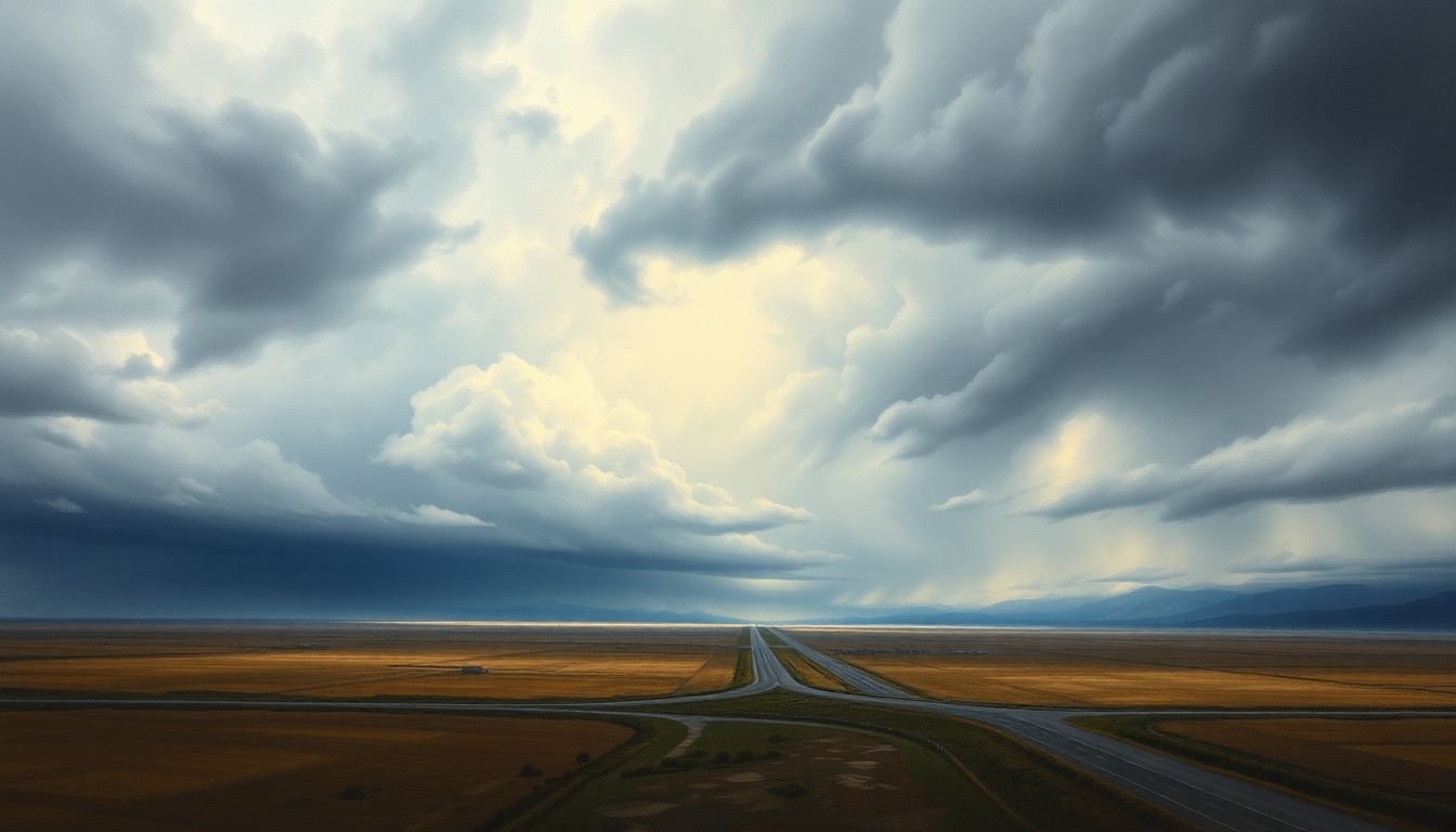 A sweeping, atmospheric landscape painting in muted tones of grey, blue, and white, depicting a distant freeway disappearing into the hazy horizon under a heavily overcast sky, conveying the sublime power of the natural elements.
