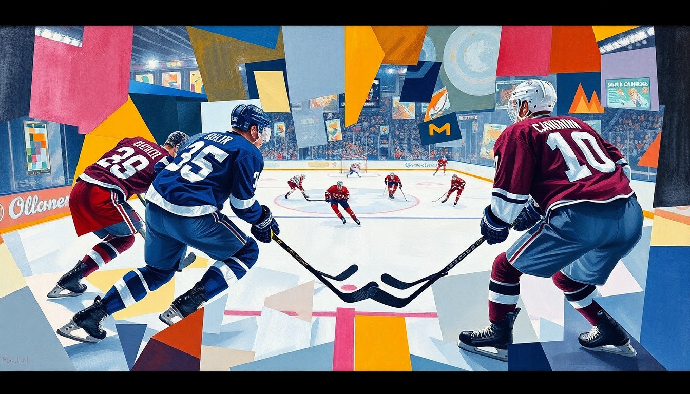 A cubist, geometric painting depicting a hockey game between the Tampa Bay Lightning and Montreal Canadiens, with the players' bodies and equipment abstracted into angular, colorful shapes.