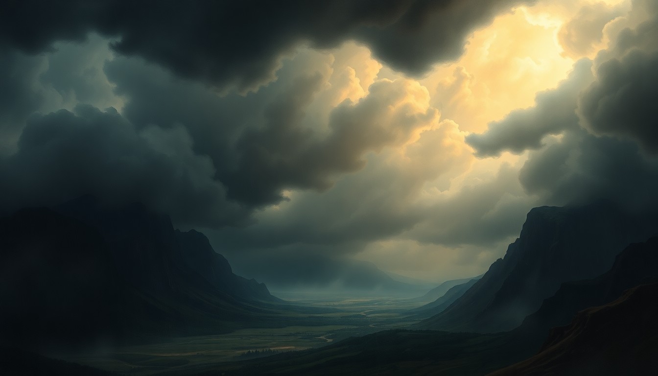 A sweeping, atmospheric landscape painting in muted tones of gray and blue, with a massive, brooding storm system dominating the frame and dwarfing any visible structures or landmarks in the distance, conveying the overwhelming power of nature.