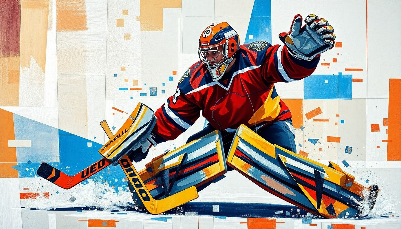 A cubist, geometric painting depicting the intense motion and energy of a hockey goaltender making a save, with the player's form broken down into sharp, overlapping planes of color.
