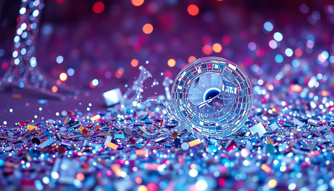An extreme close-up photograph of shimmering sequins and shattered glass, capturing the high-fashion, high-energy aesthetic of a music festival performance.