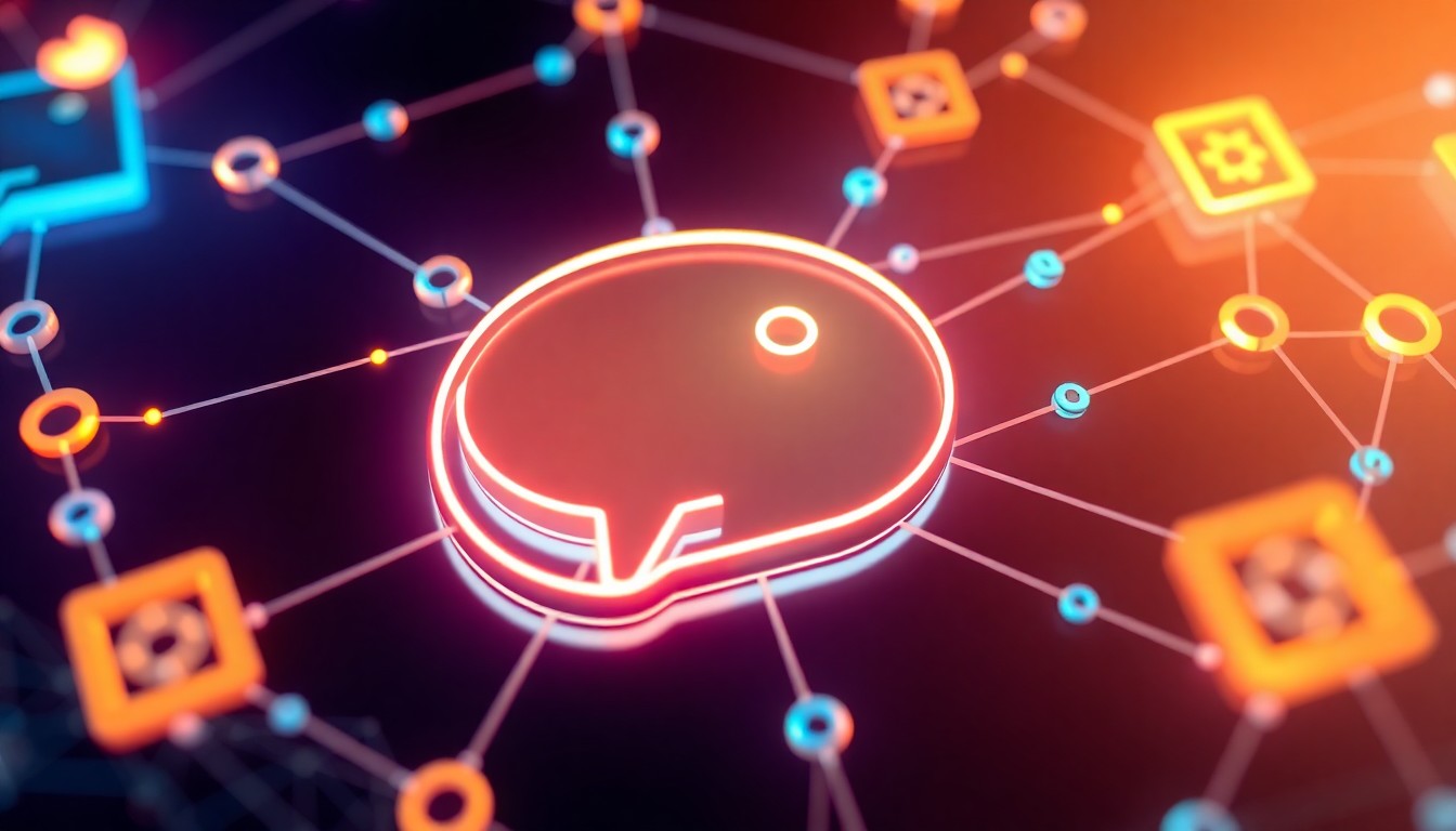 A highly detailed, 3D macro illustration of a glowing, neon-lit digital infrastructure representing the interconnected features and capabilities of the WeChat app, conveying a sense of technological advancement and global connectivity.