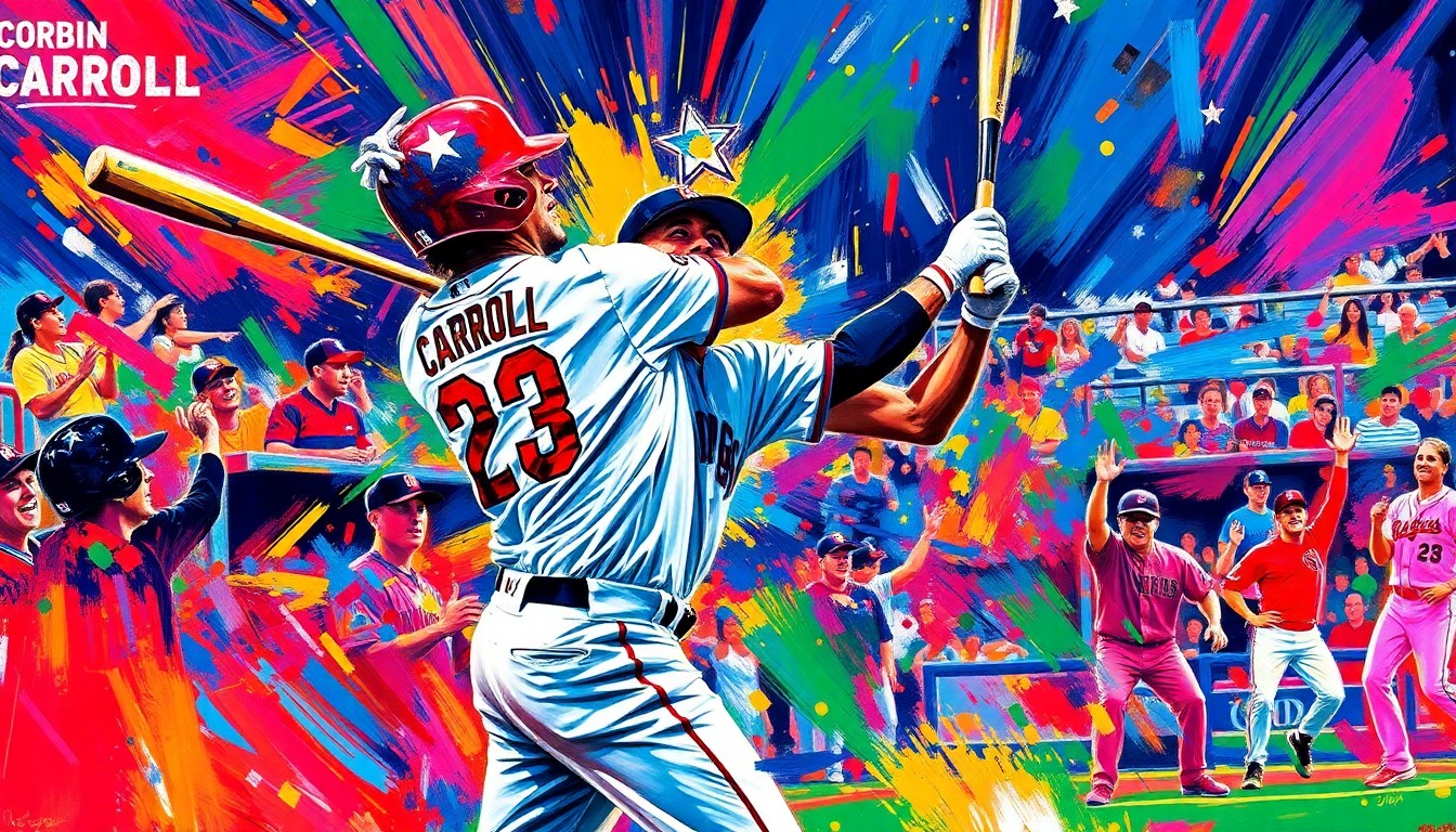 An abstract, energetic painting featuring bold, neon-colored brushstrokes that capture the dynamic motion and celebratory emotion of a baseball player hitting a game-winning home run.
