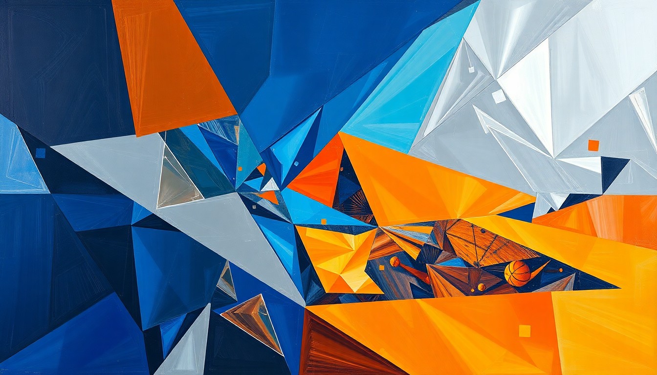 A fragmented, cubist-style painting depicting a WNBA basketball game, with players and the court broken down into sharp, overlapping geometric shapes in a palette of deep blue, bright orange, and metallic silver, conceptually representing the intricate nature of roster management decisions in professional sports.