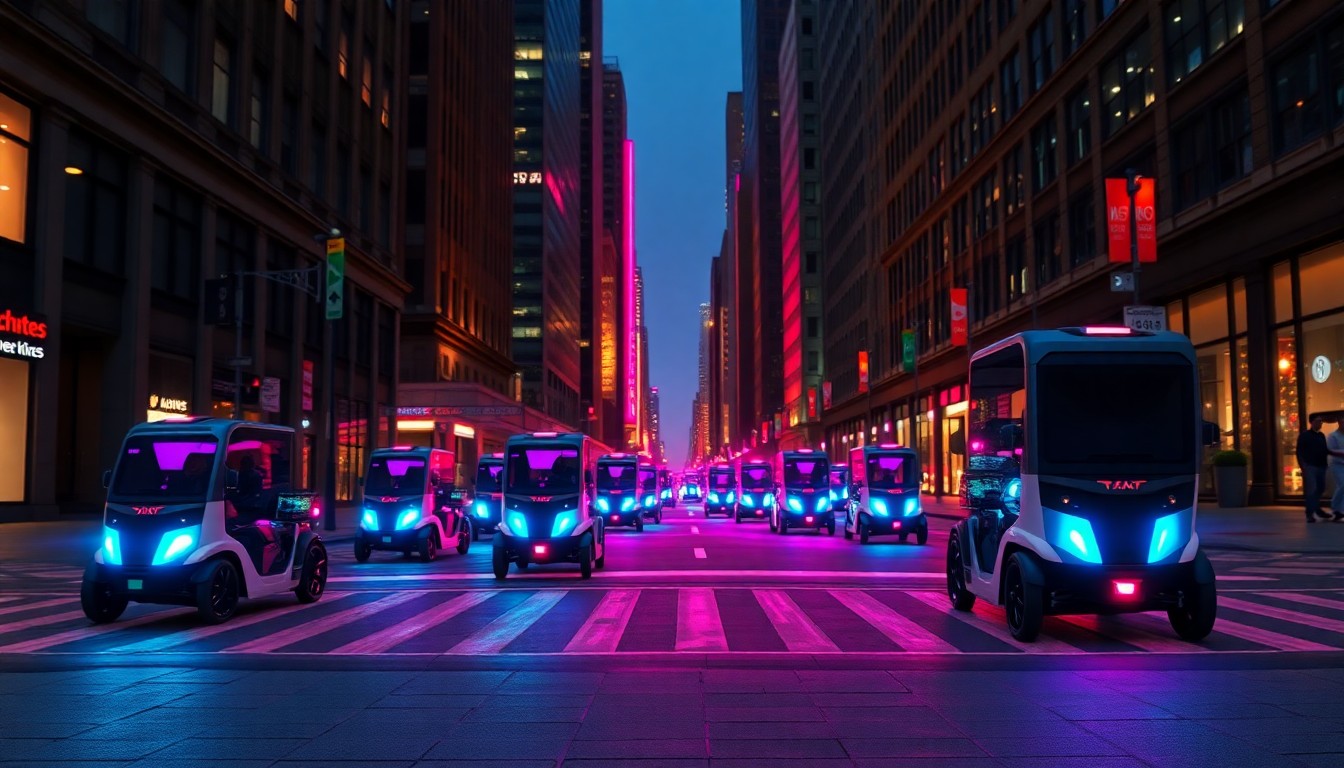 A highly detailed, glowing 3D macro illustration of several autonomous delivery robots navigating a Chicago city street at night, their neon lights illuminating the urban landscape.