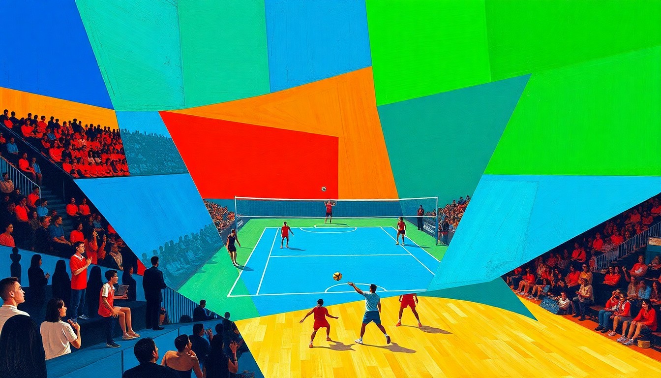 A fractured, multi-perspective painting in the style of Pablo Picasso, breaking a volleyball game down into sharp, overlapping geometric planes of bright, contrasting colors.
