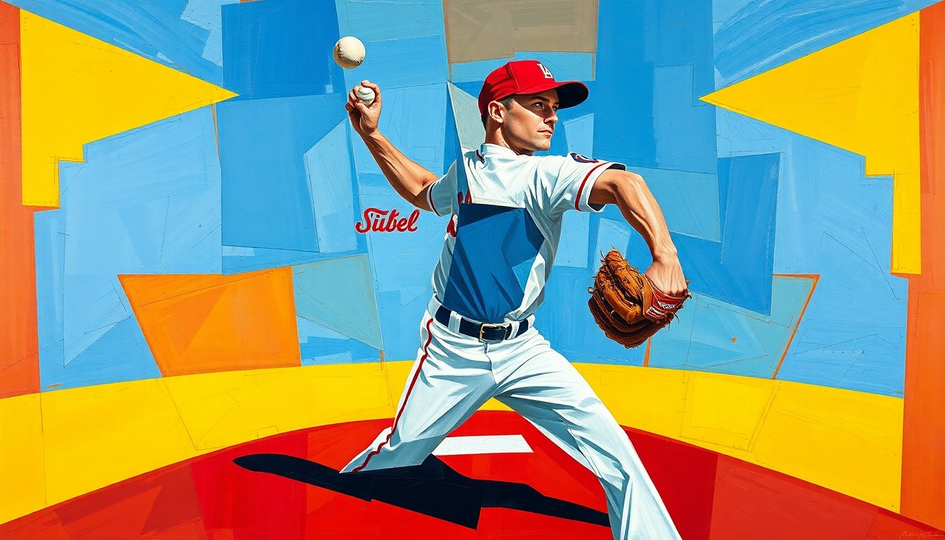 A fractured, geometric painting depicting a baseball pitcher's throwing motion, with sharp planes of vibrant colors like blue, red, and yellow.