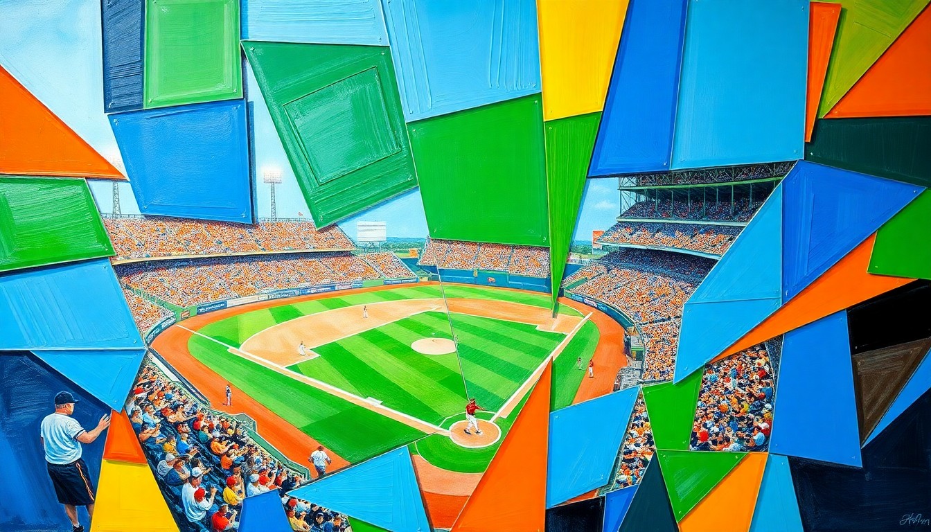 A vibrant, cubist-inspired painting depicting the dynamic action of a college baseball game, with players and the field rendered in fragmented geometric shapes and bold colors.