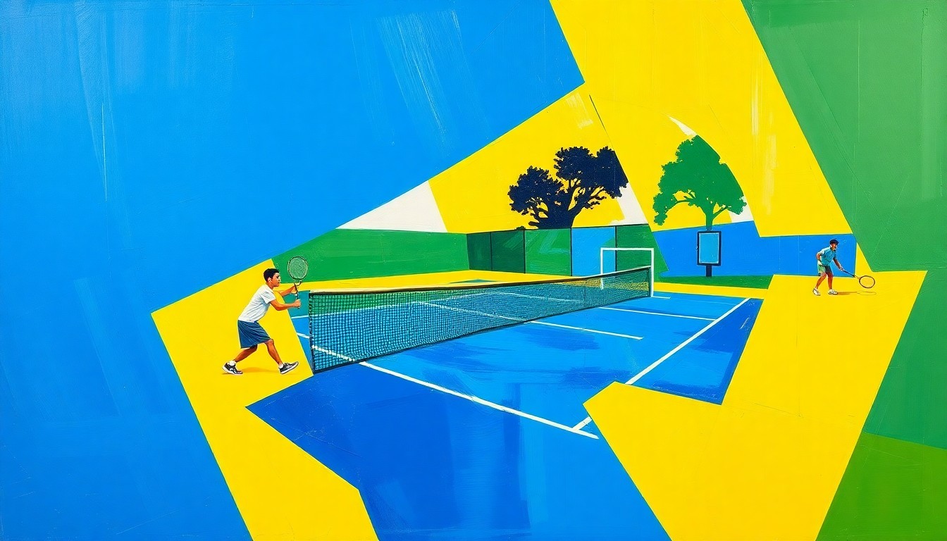 A fragmented, cubist-style painting depicting a high school tennis match, with sharp geometric shapes in vibrant colors representing the dynamic movement and intensity of the sport.