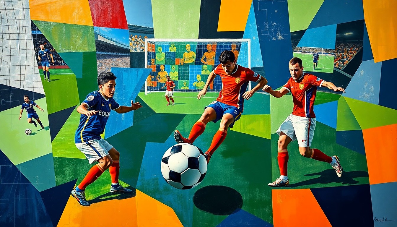 A cubist, geometric painting depicting a soccer match between the LA Galaxy and FC Dallas, with the players and ball represented through angular, overlapping shapes in a palette of blues, greens, and oranges.