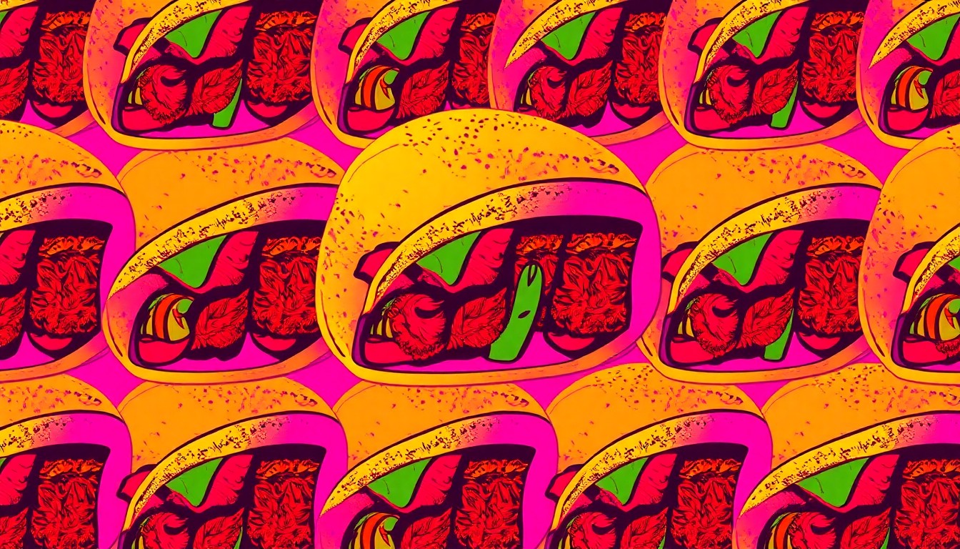 A high-contrast silkscreen print in neon colors depicting a repeated pattern of a chicken fajita wrap item, such as a tortilla or grilled chicken, conceptually representing the classic dish served at the historic Horn's Gaslight Bar & Restaurant on Mackinac Island.