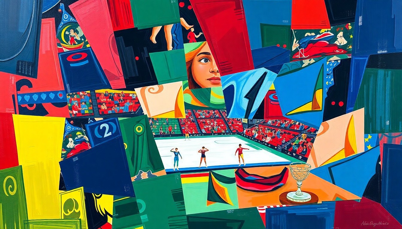 A cubist, geometric painting featuring overlapping planes of navy blue, crimson red, and forest green, abstractly representing the intense competition and athletic movements of a gymnastics event.