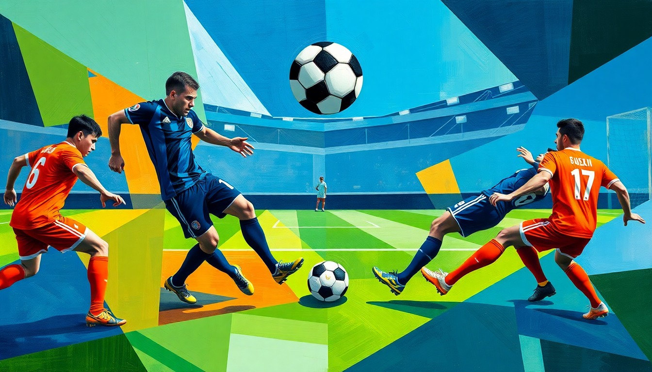 A fractured, geometric painting depicting the movements and action of a soccer match, with angular shapes and planes of color representing the players, ball, and energy of the game.