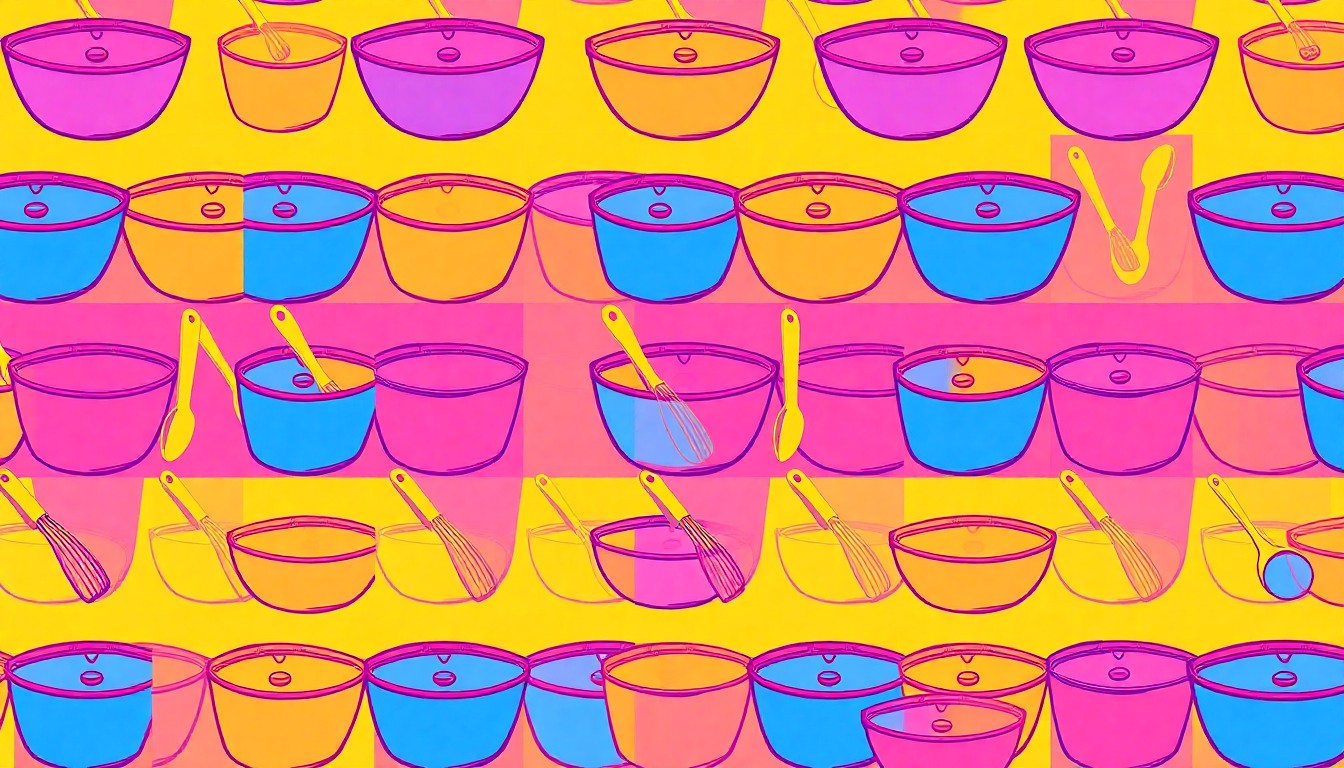 A brightly colored, high-contrast silkscreen print of a single, iconic slime-making tool like a mixing bowl or spatula, repeated in a tight grid pattern in vibrant neon hues with heavy black outlines, conceptually representing the playful and creative nature of slime-making.