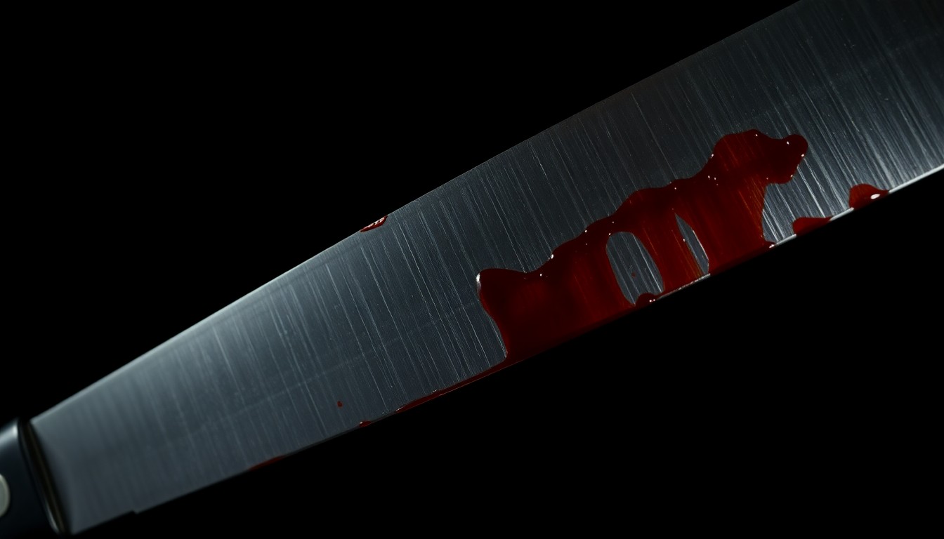 An extreme close-up of a bloodied knife blade, the harsh lighting and stark black background creating a gritty, investigative aesthetic that conceptually represents the violent nature of the crime.