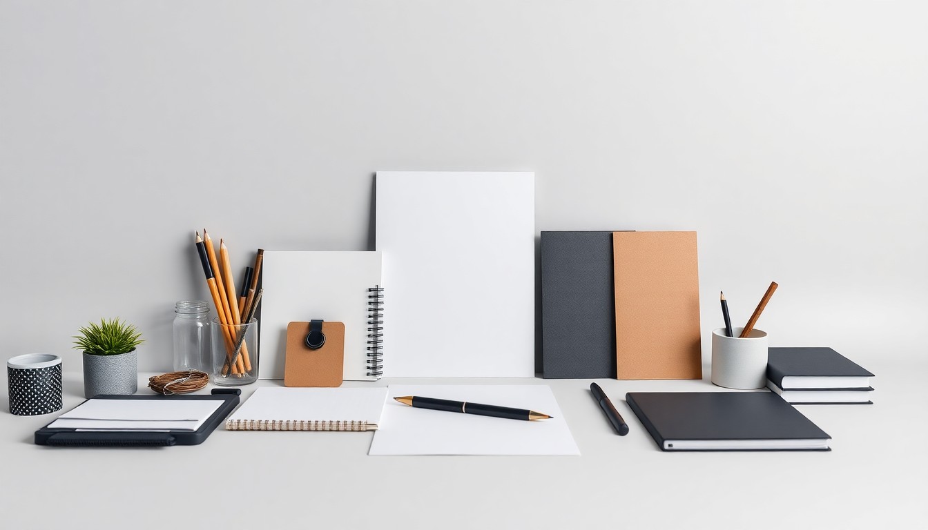 A minimalist studio still life photograph featuring a collection of premium office supplies and stationery items arranged in a clean, elegant composition, conceptually representing the tools and materials used by young entrepreneurs to bring their business ideas to life.