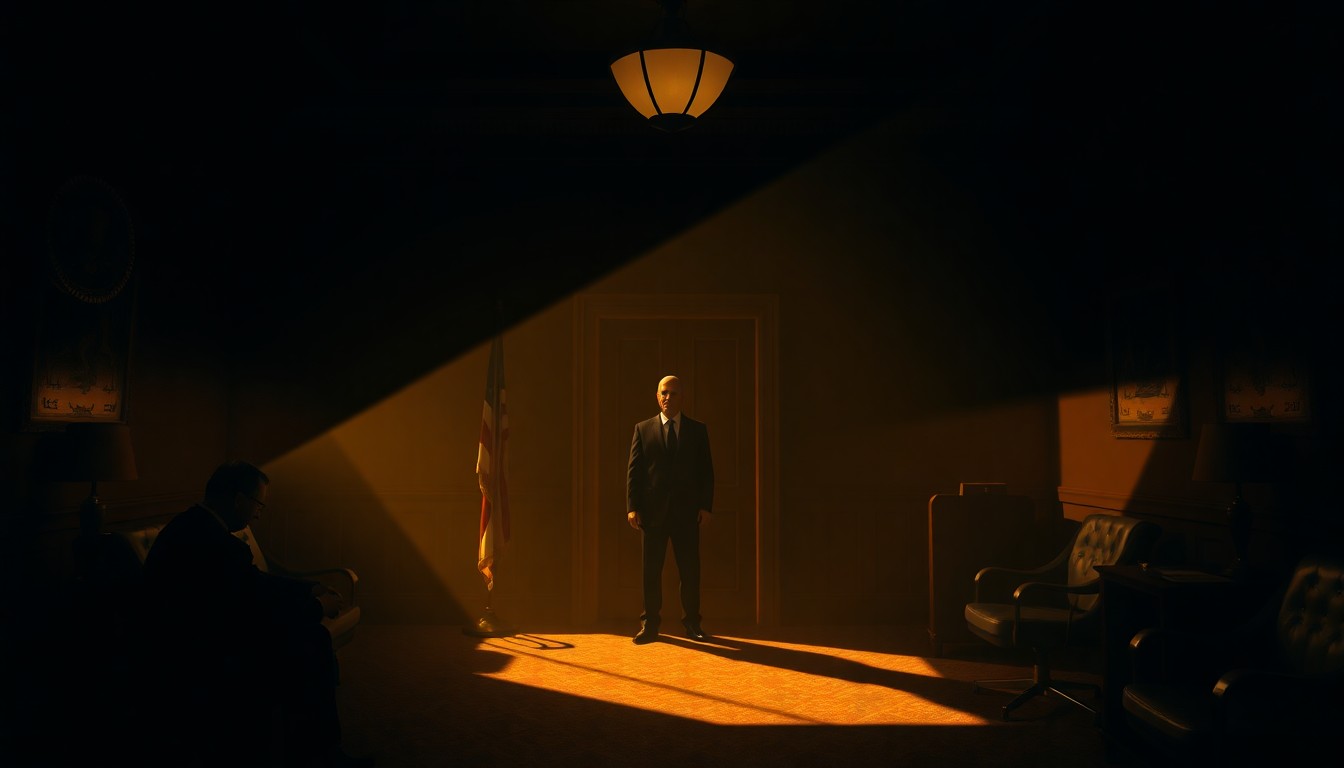 A dimly lit government office with a solitary political figure seated at a desk, the room bathed in warm, diagonal sunlight and deep shadows, capturing a sense of quiet contemplation and the complexities of political disagreement.