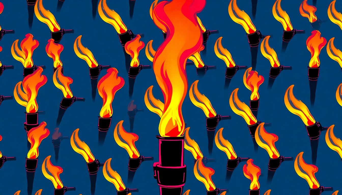 A brightly colored, high-contrast silkscreen print of a glassblowing torch repeated in a tight grid pattern, capturing the lively atmosphere and artistic focus of the Bern Gallery's 420 weekend event.