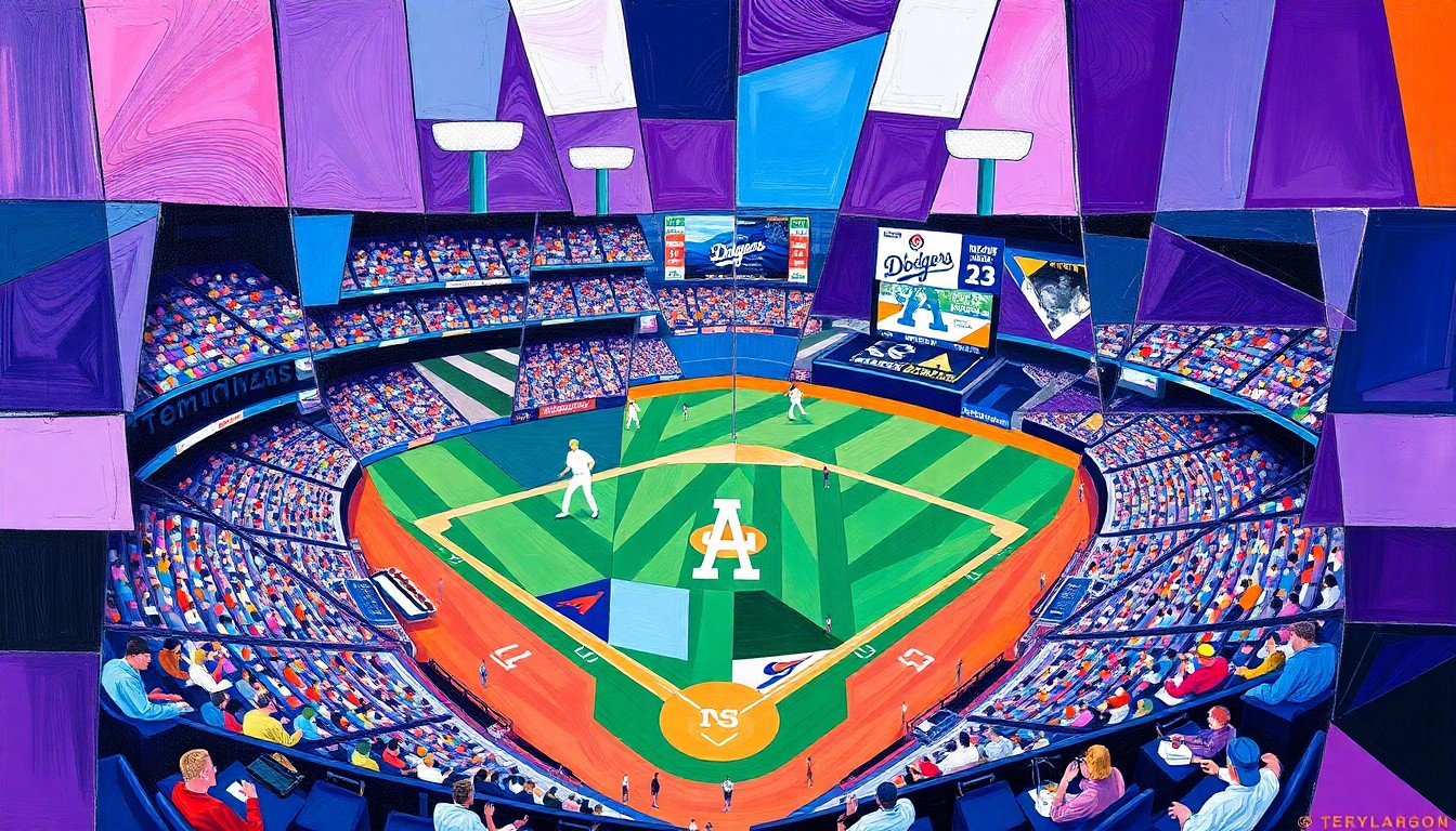 A fractured, geometric painting depicting a baseball game between the Colorado Rockies and Los Angeles Dodgers, with sharp, overlapping planes of vibrant purple, blue, and white colors representing the teams and the action on the field.