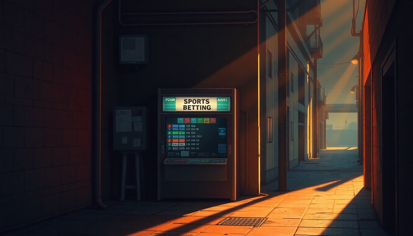 A cinematic painting of a solitary sports betting kiosk in a dimly lit urban alley, bathed in warm, diagonal sunlight and deep shadows, conceptually illustrating the quiet decay of unchecked gambling.