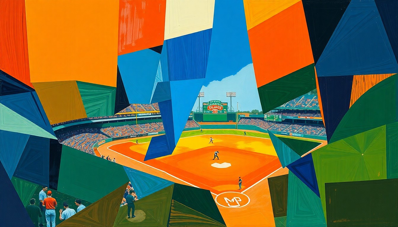 A cubist-style painting featuring overlapping geometric shapes and planes of bright orange, deep blue, and forest green, capturing the dynamic energy and motion of a college baseball game.