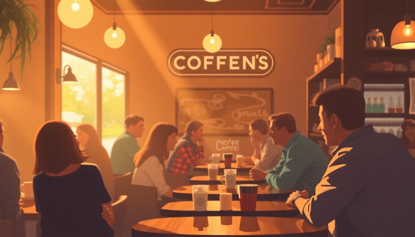 An abstract, out-of-focus scene of people gathered inside a cozy coffee shop, with warm pools of light and color creating a welcoming atmosphere.
