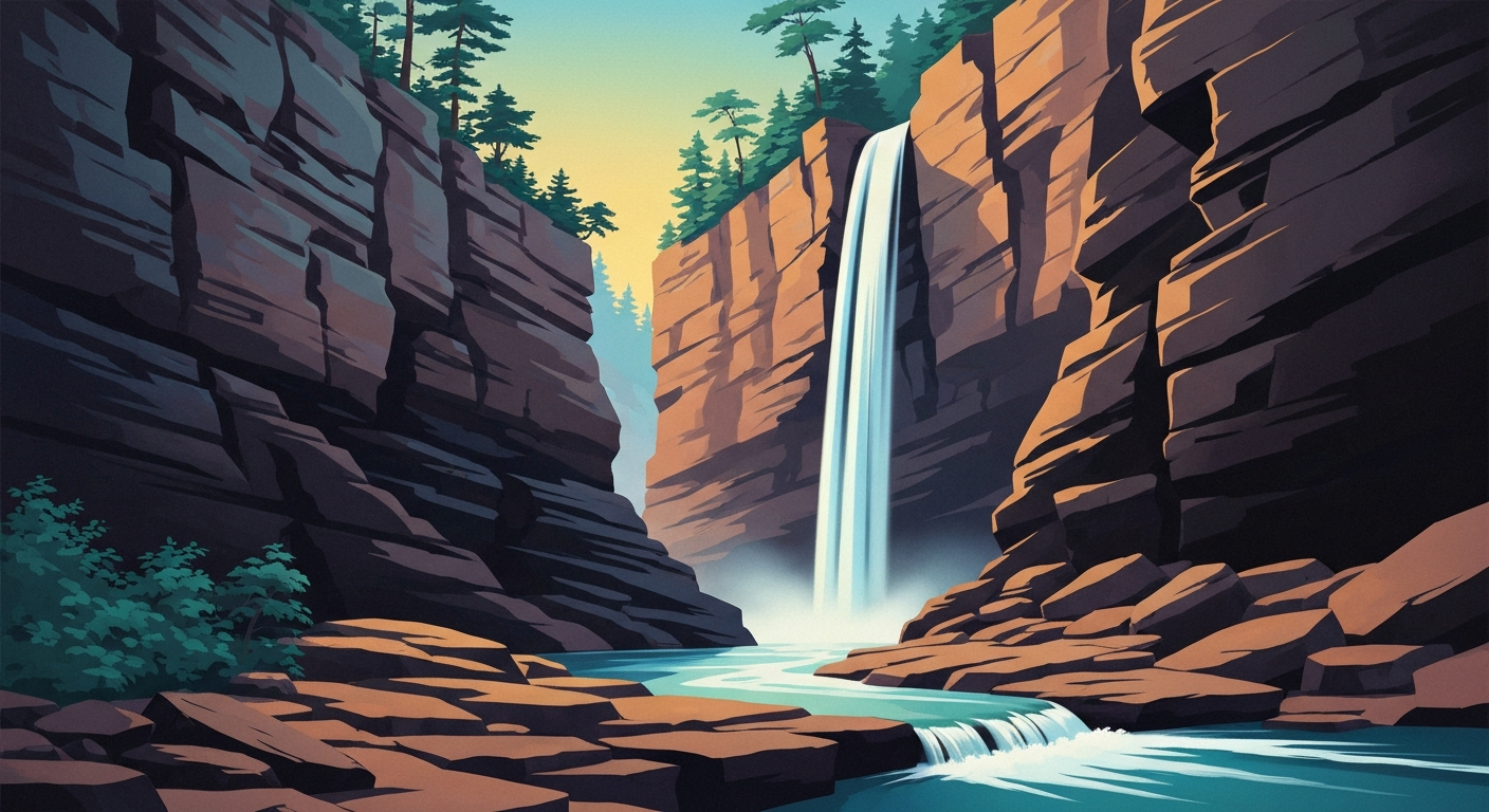 A bold, geometric illustration depicting the towering rock walls and cascading waterfall of the Black River gorge at Hacklebarney State Park, rendered in a sleek, Art Deco-inspired style that captures the grand scale and romance of the natural landscape.