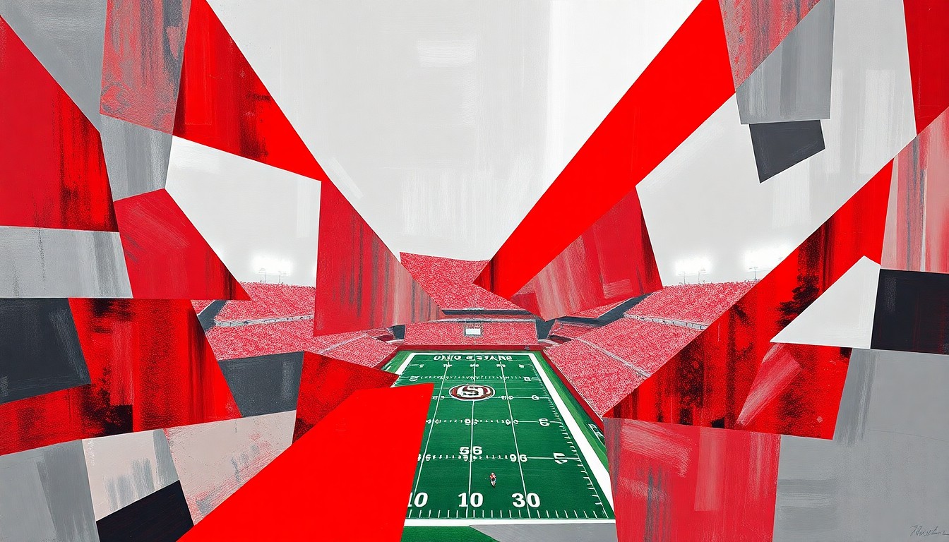 A cubist, geometric painting depicting an Ohio State football game, with the players and field broken down into overlapping planes of scarlet and gray, capturing the dynamic energy of the sport.