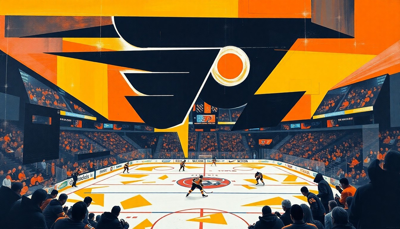 A cubist, geometric painting depicting a hockey game between the Philadelphia Flyers and Pittsburgh Penguins, with overlapping planes of color and abstracted figures representing the players and action on the ice.