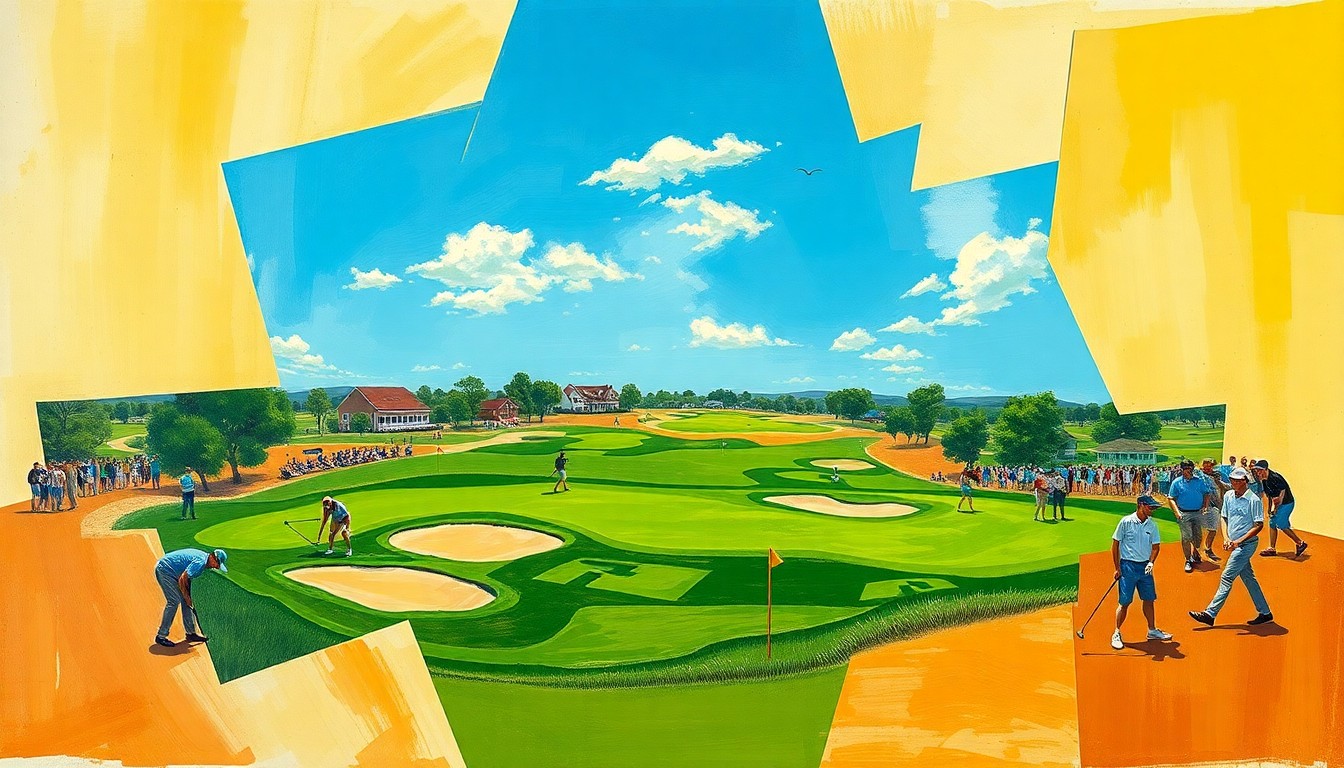 A fragmented, geometric painting depicting the various elements of a golf course - fairways, sand traps, and golfers in motion - broken down into sharp, overlapping planes of color and form, creating a dynamic, abstract representation of a collegiate golf tournament.