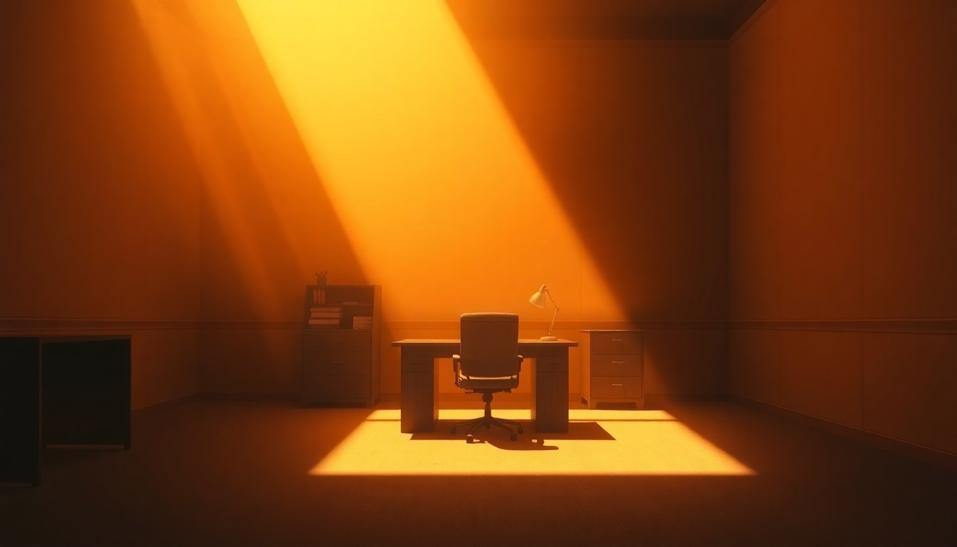 A quiet, cinematic painting of an empty political office space with a single desk and chair in the center, bathed in warm, diagonal sunlight and deep shadows, conceptually illustrating the influence of money in the California governor's race.