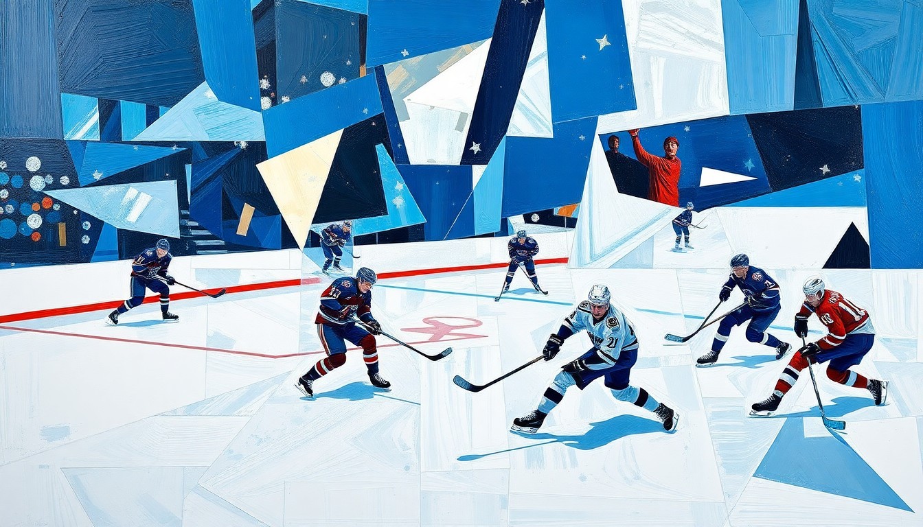 A fragmented, cubist-style painting depicting the chaotic action of a hockey game, with players and the ice surface broken down into sharp, angular shapes and planes in a palette of deep blues, bright whites, and metallic silvers.