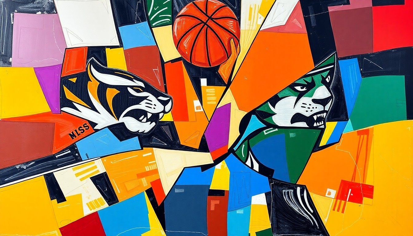 A fragmented, geometric painting in bold colors representing a college basketball game, with the players and court broken down into sharp, overlapping planes.