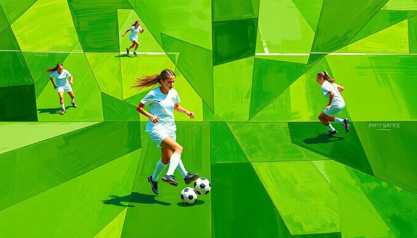 A cubist-style painting featuring sharp, overlapping geometric shapes in shades of green, white, and black, representing the players, field, and ball of a high school girls soccer match.