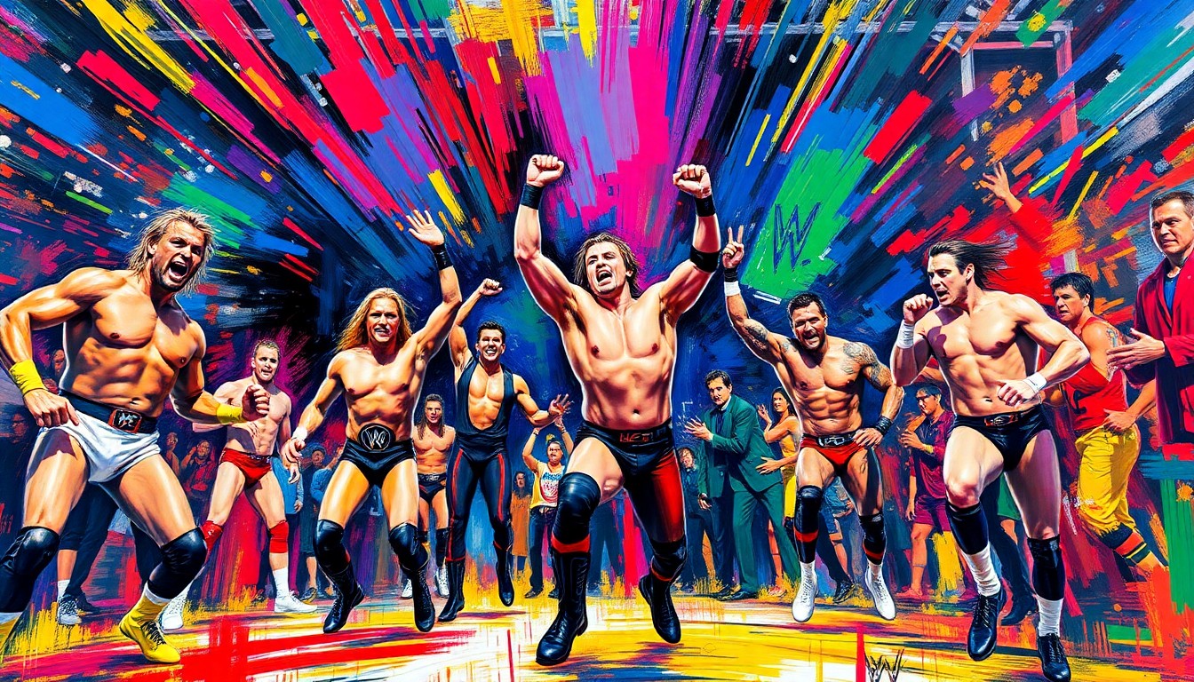 An abstract, energetic painting with bold, neon-colored brushstrokes capturing the theatrical entrance of a WWE wrestler at WrestleMania.