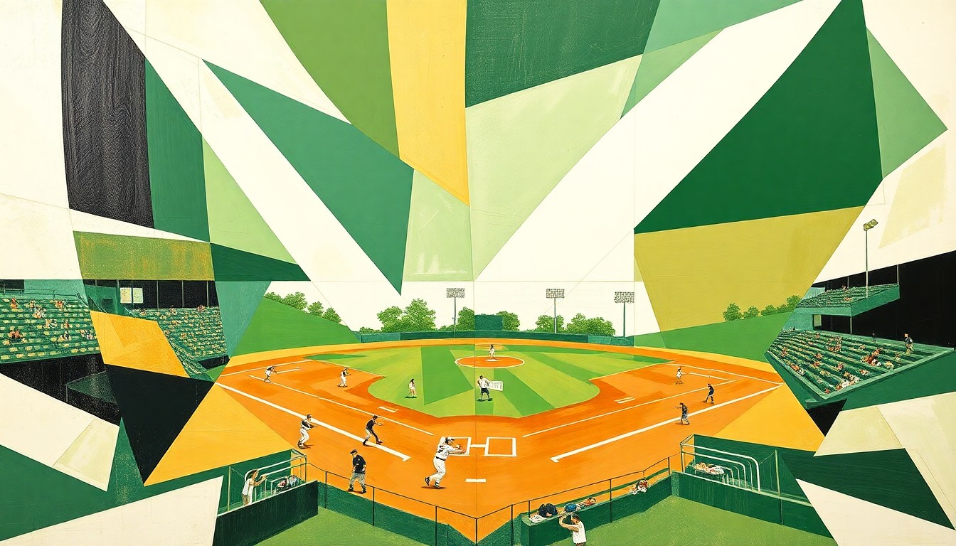 A cubist-style painting featuring overlapping geometric shapes and planes of green, gold, and white, representing the dynamic action and shifting fortunes of a college softball game.