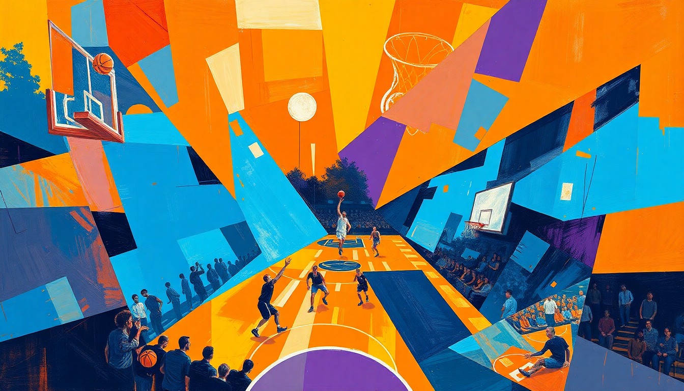 A fragmented, cubist-style painting depicting the action and energy of a basketball game, with sharp geometric shapes and planes of vibrant orange, blue, and purple colors.