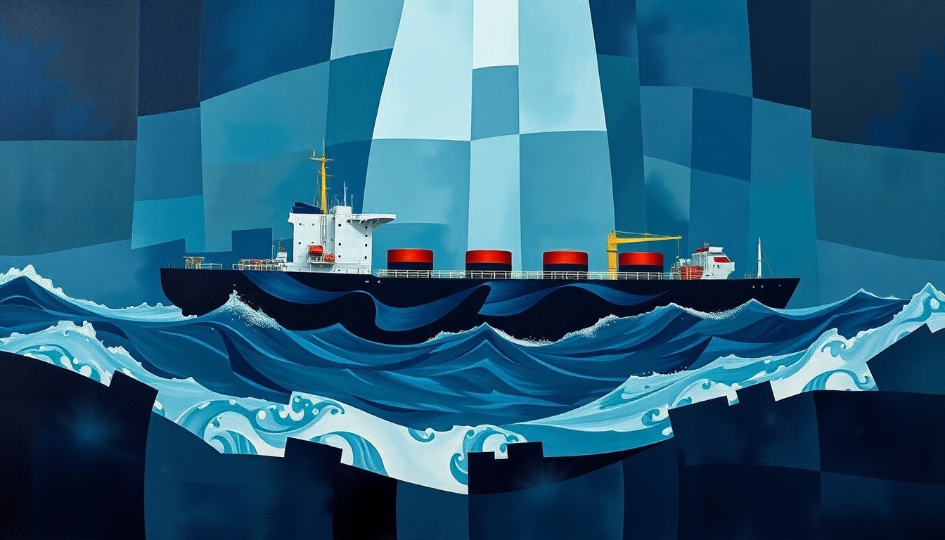 A dynamic, abstract painting featuring an oil tanker ship repeated in overlapping, fractured geometric shapes in shades of blue, grey, and black, conveying the volatility and uncertainty surrounding the situation in the Strait of Hormuz.