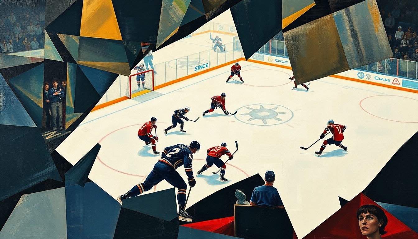 A fractured, geometric painting depicting the chaotic action of a hockey game, with players and the puck represented as overlapping angular shapes and planes in a vibrant color palette.