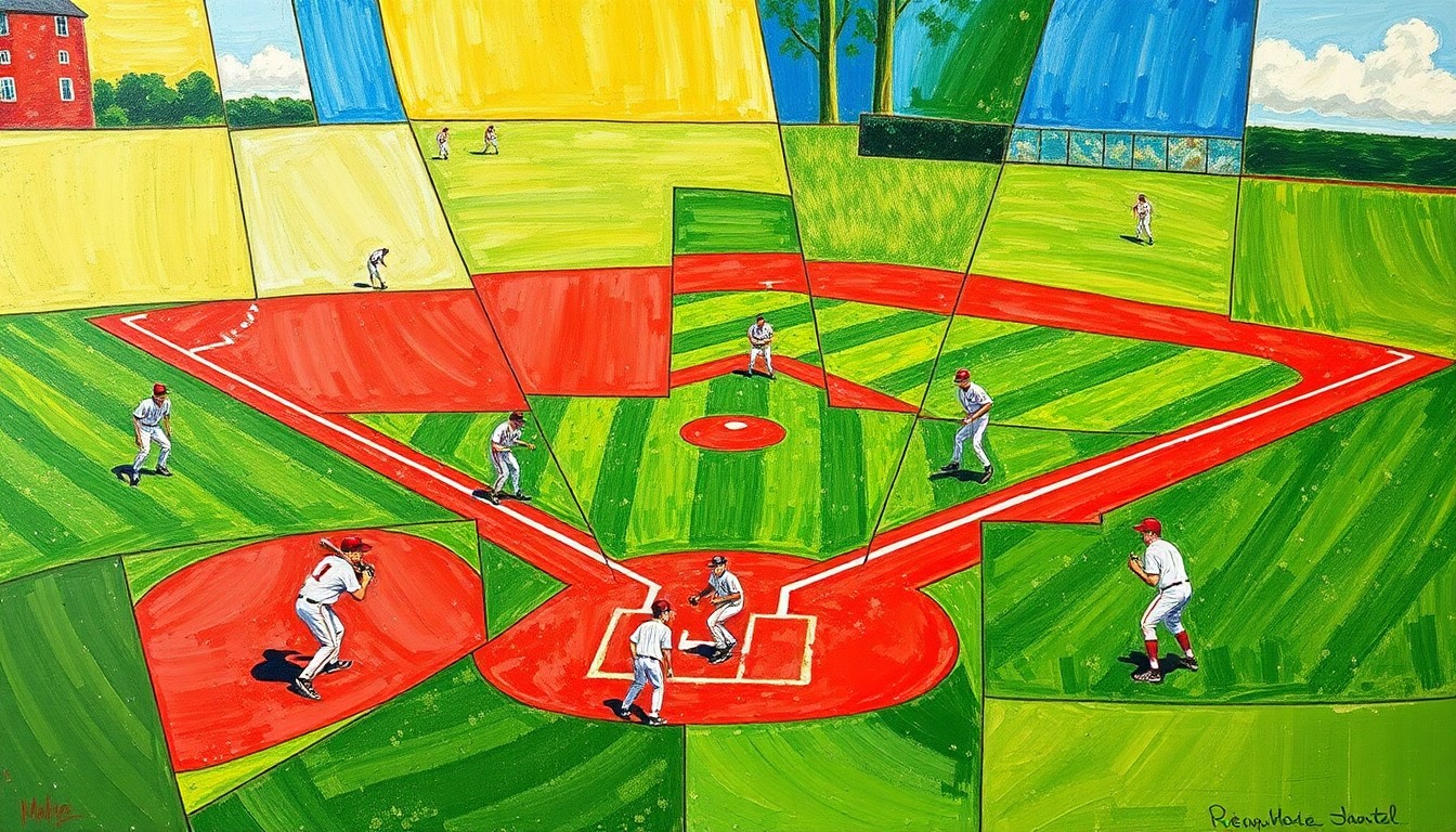 A fragmented, abstract painting depicting the chaotic energy of a high school baseball game, with sharp geometric shapes in shades of green, red, and white representing the field, players, and action.