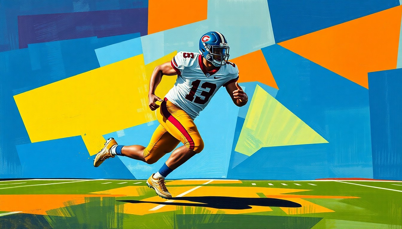 A fragmented, cubist-style illustration depicting a college football player in motion, with sharp geometric shapes and planes in vibrant colors representing the energy and determination of the sport.