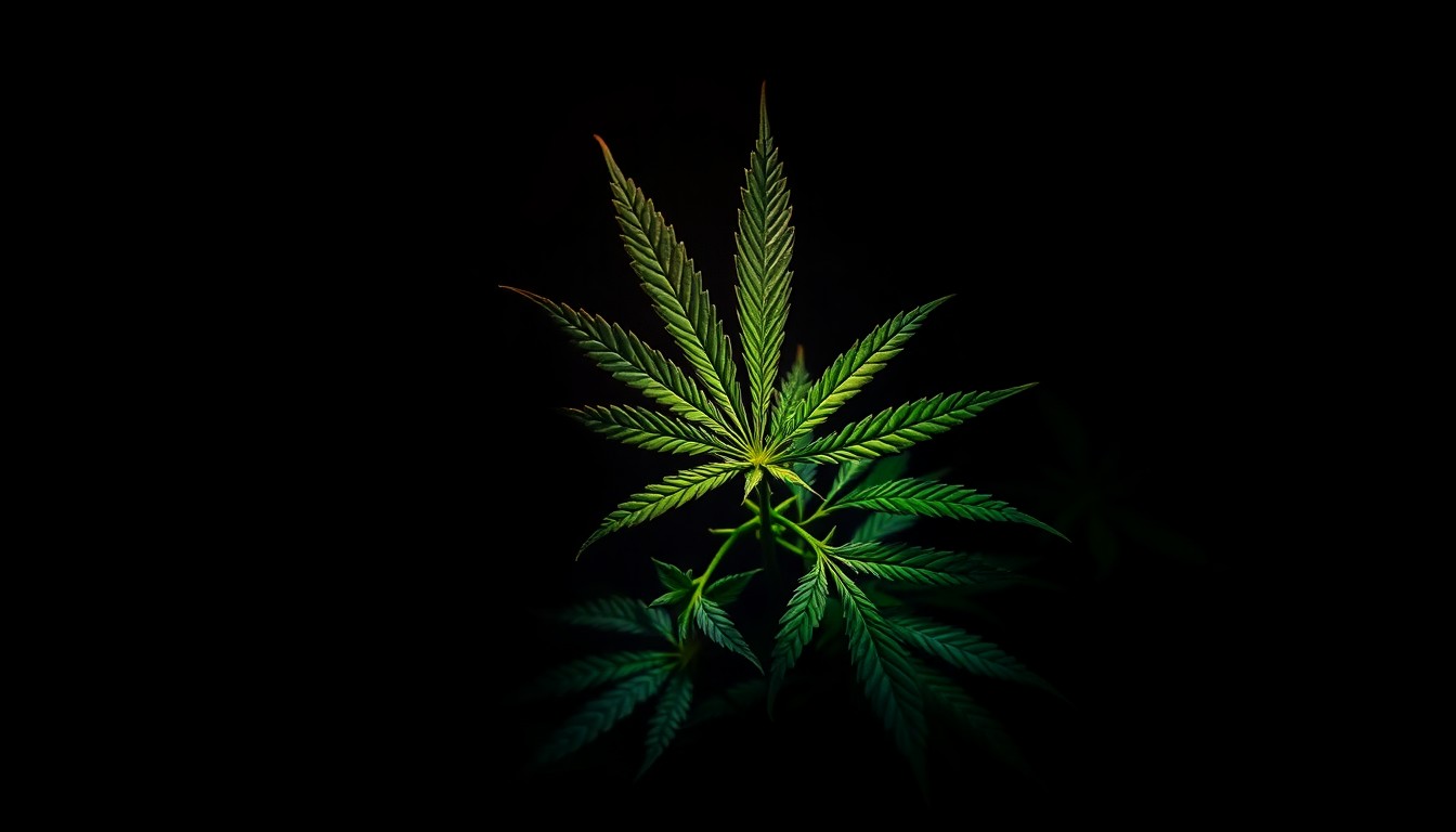 An extreme close-up photograph of a marijuana plant leaf with a harsh, direct flash illuminating the textured surface and veins of the leaf against a pitch-black background, conceptually illustrating the investigative nature of the law enforcement raids.