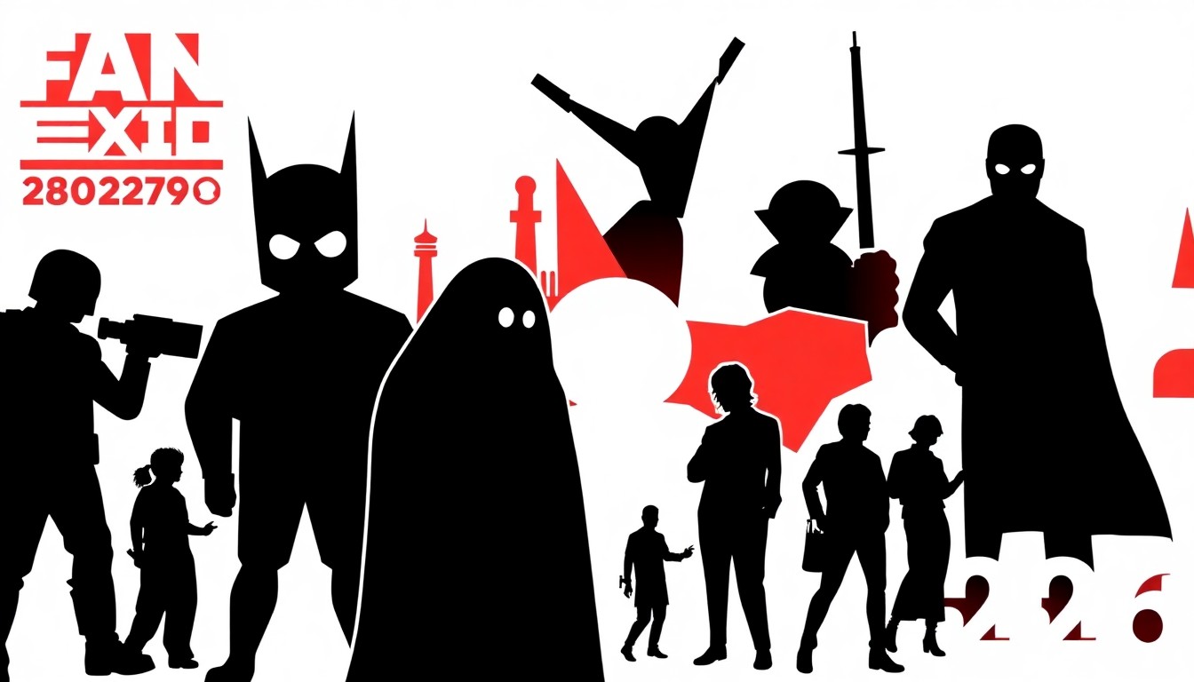 A minimalist, abstract illustration featuring bold, jagged shapes and silhouettes in high-contrast red and white, conceptually representing the diverse range of pop culture icons and entertainment media at the Fan Expo Philadelphia 2026 convention.