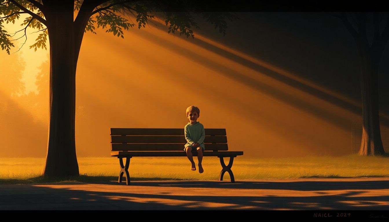 A serene painting of a child sitting alone on a park bench, the scene bathed in warm sunlight and deep shadows, conveying a sense of contemplation and the need for greater support and opportunities for young people.