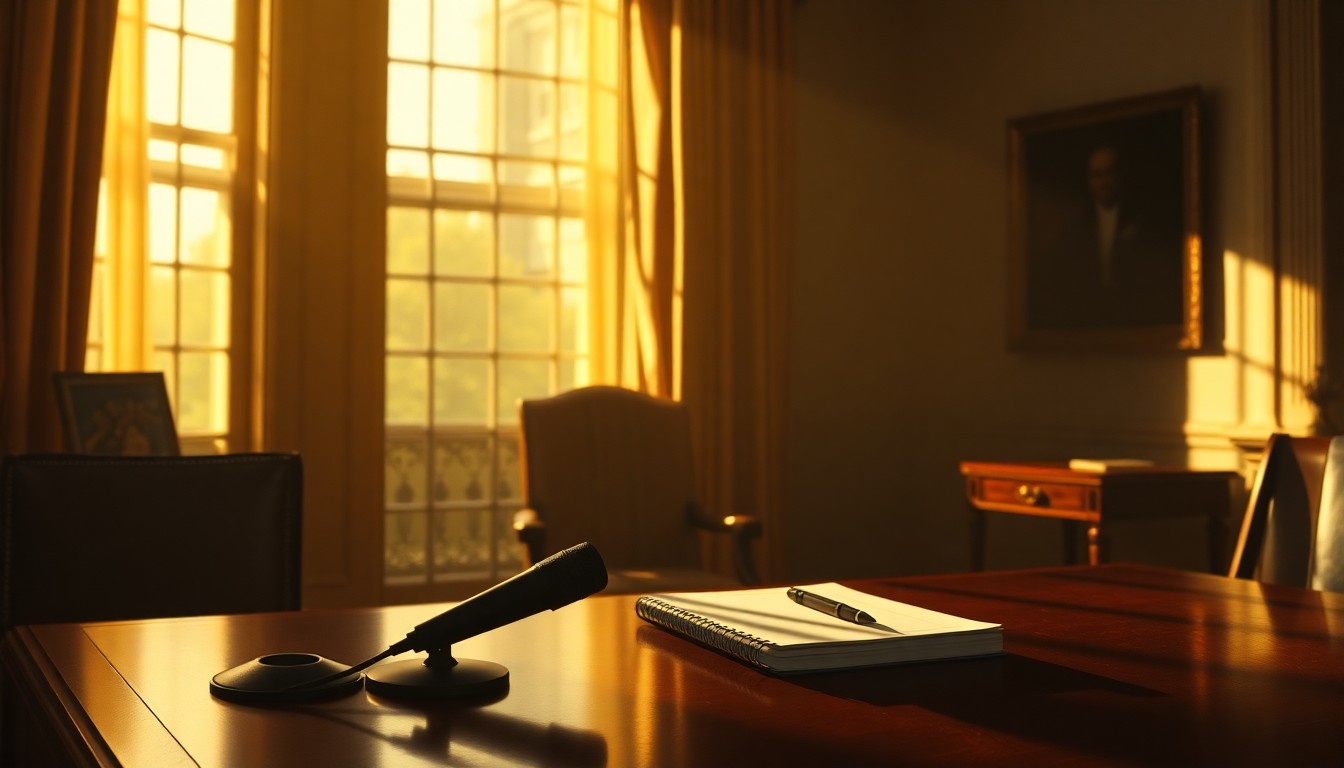 A photorealistic painting of a reporter's microphone and notebook on a desk in the Oval Office, with warm light and deep shadows creating a contemplative, cinematic mood.