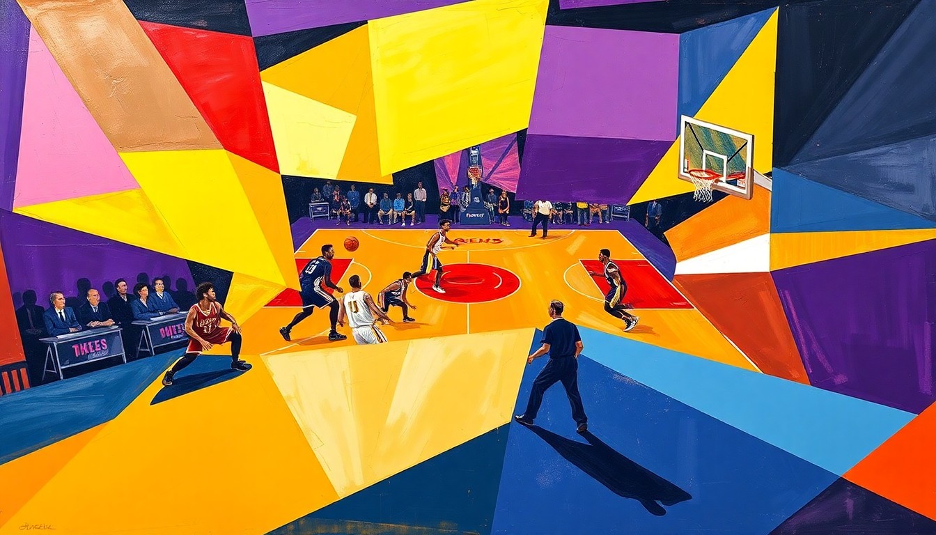 A fractured, multi-perspective painting in a cubist style, breaking down a basketball game between the Lakers and Rockets into sharp, overlapping geometric forms in vibrant colors, capturing the energy and movement of the players on the court.