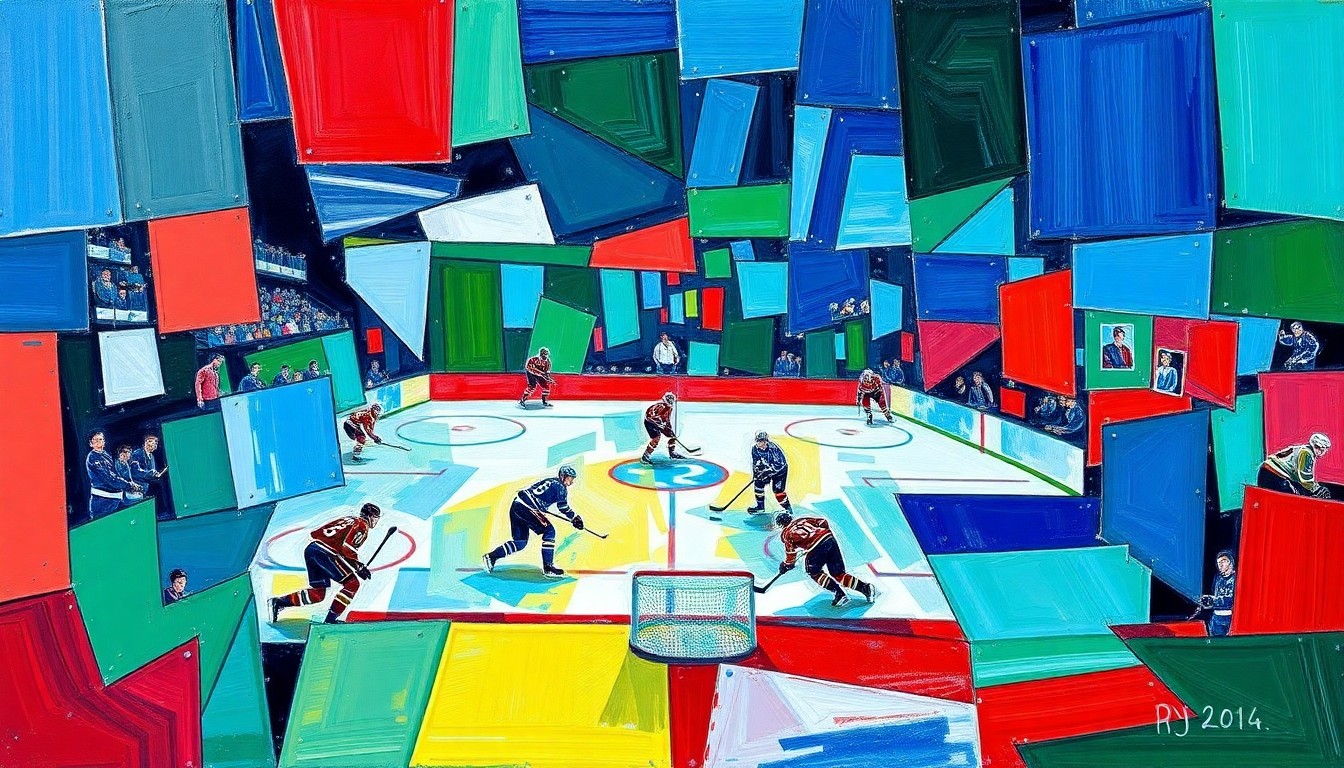 A cubist-style painting depicting a hockey game in motion, with the players and puck broken down into sharp, overlapping geometric shapes in a vibrant color palette.