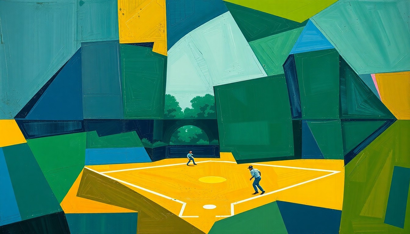 A fragmented, geometric painting depicting a softball game, with overlapping planes of navy, green, and gold representing the dynamic action on the field.