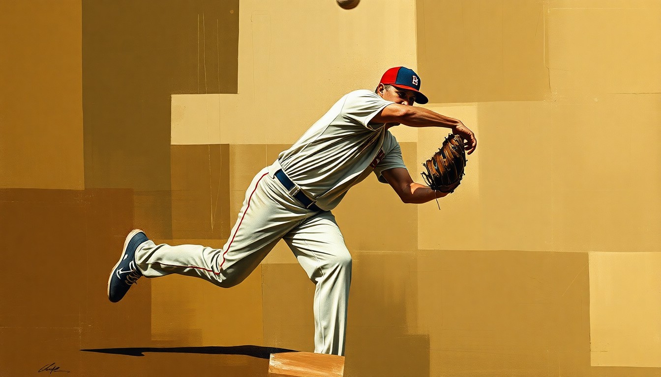 A cubist, geometric painting depicting a baseball pitcher's throwing motion broken down into overlapping, angular shapes in muted earth tones, conveying the unpredictable nature of sports injuries.